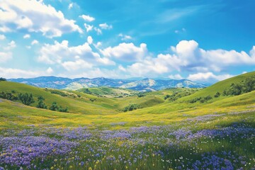 Obraz premium Expansive Scenic Landscape with Colorful Wildflowers Under a Bright Blue Sky and Fluffy White Clouds Surrounded by Rolling Green Hills and Majestic Mountains