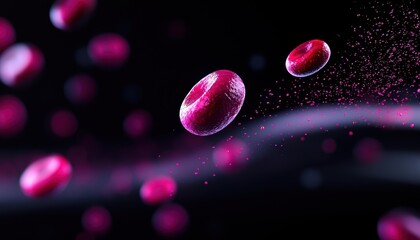 Naklejka premium Close-up view of red blood cells floating in a dark, abstract background.