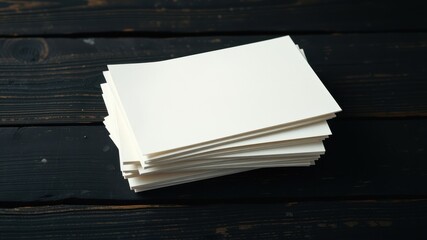 A stack of blank white paper cards on a dark wooden surface, ready for creative design and personalized messages.