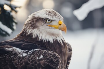 Obraz premium Bald eagle perched on a snow-covered branch during winter in the forest