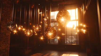 Obraz premium Golden Sphere Lights Hanging in Loft Interior