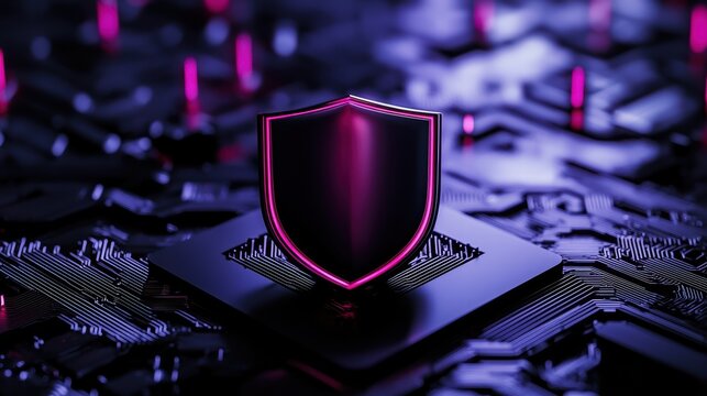 Futuristic shield symbolizing cyber security on a circuit board background.