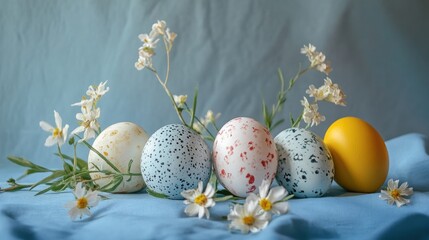 Cheerful Easter eggs and sprigs of blooming flowers arranged on a blue table, perfect for conveying Happy Easter greetings.