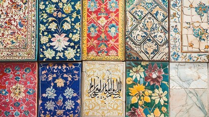 A vibrant display of intricate tile patterns featuring floral designs and calligraphy, showcasing traditional artistry and cultural heritage.