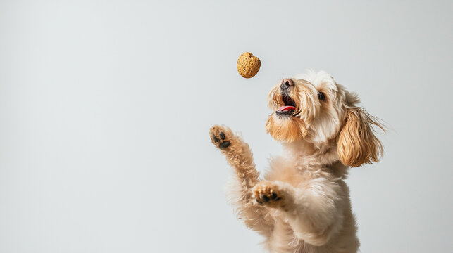 Verspielter Hund springt nach einem Leckerli in einer dynamischen Pose.

