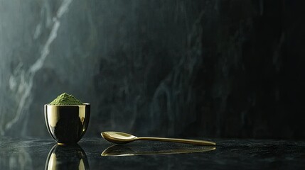 Matcha powder on a golden spoon placed against a luxurious dark background with a minimalist setup of tea accessories