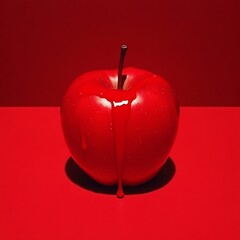 Obraz premium Red Apple Dripping Red Liquid Against Red Background