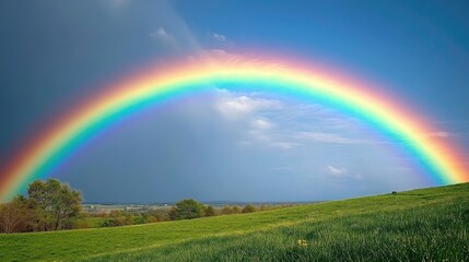 Vibrant Rainbow Arcs Over Lush Green Rolling Hills