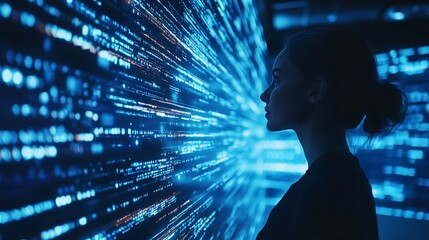 Silhouette of a Woman Facing Digital Data Stream