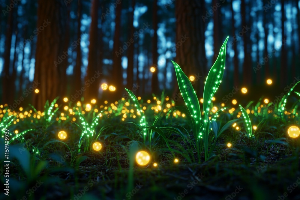Aufkleber a magical forest filled with glowing green plants and floating orbs of light, creating an enchanting