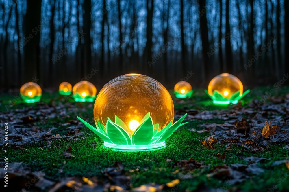 Poster A magical forest filled with glowing green plants and floating orbs of light, creating an enchanting atmosphere of mystery and wonder