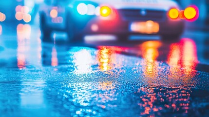 Police car lights flashing in a busy urban environment, symbolizing vigilance and security in maintaining public order.