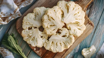 Close up sliced Cauliflower on wooden board
