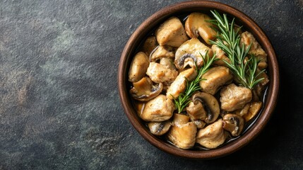 Fototapeta premium Comfort food bowl of stewed chicken and mushrooms, paired with rosemary garnish, shot top view with ample text space.