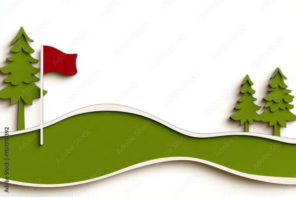 Poster a minimalist design of a golf course with clean, bold lines depicting a flag on a green and a windin