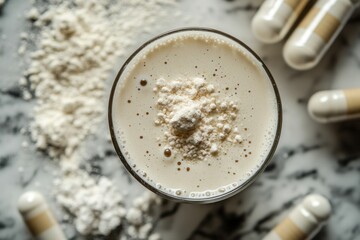 Creamy Protein Shake Surrounded by Dietary Capsules and Protein Powder on a Stylish Marble Surface, Perfect for Health and Nutrition Enthusiasts