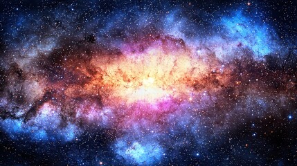 Obraz premium A vibrant cosmic nebula showcasing swirling colors of orange, pink, and blue amidst a star-filled galaxy.