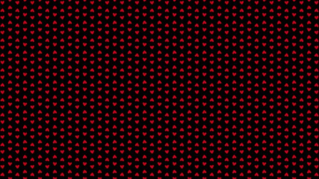 A pattern of red hearts is depicted on a transparent background, which rotate around their axis, increase and decrease, imitating a heartbeat and fall down.