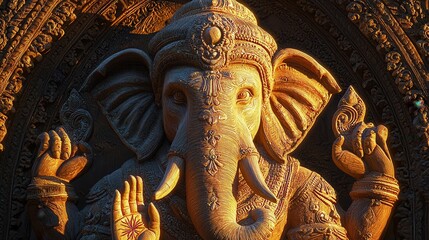 A beautifully carved statue of the Hindu deity Ganesh, showcasing intricate details and a serene expression, illuminated by warm light.