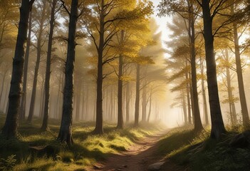 Fototapeta premium Overcast sky with golden light filtering through trees in a Val di Cembra forest, autumn, fall foliage, misty valley