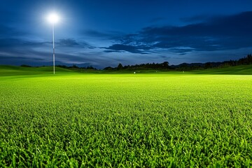 A night golf course illuminated by bright floodlights, with glowing balls and vibrant green fairways