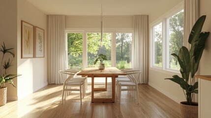 Fototapeta premium Bright Dining Room With Wooden Table And Natural Light