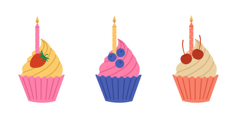 Set of colorful cupcakes with cream, berries and burning candles. Birthday muffins with strawberry, blueberry and cherry. Holiday desserts. Vector flat illustration isolated on white background