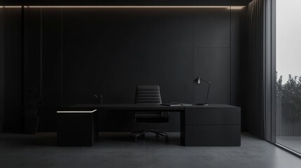 Modern Dark Office Interior Design: Minimalist Black Desk and Chair