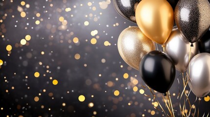 Elegant Gold and Black Balloons with Bokeh Background.