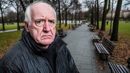 Fototapeta premium Elderly person standing alone, looking confused and uncertain, capturing the vulnerability and challenges faced by the aging population in modern society.