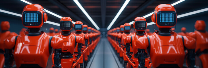 Fototapeta premium Robotic assembly line with multiple red robots in modern fac ry