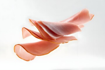 Slices of ham floating against a light background, showcasing texture and color.