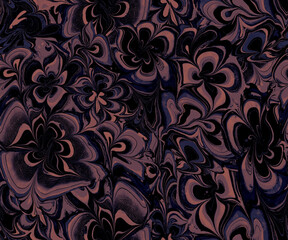 Dark abstract fluid flowers seamless pattern in brown tones. Perfect for textile, package, packaging, posters, wall decor, wallpaper, fabric. Contemporary Liquid Art. 
