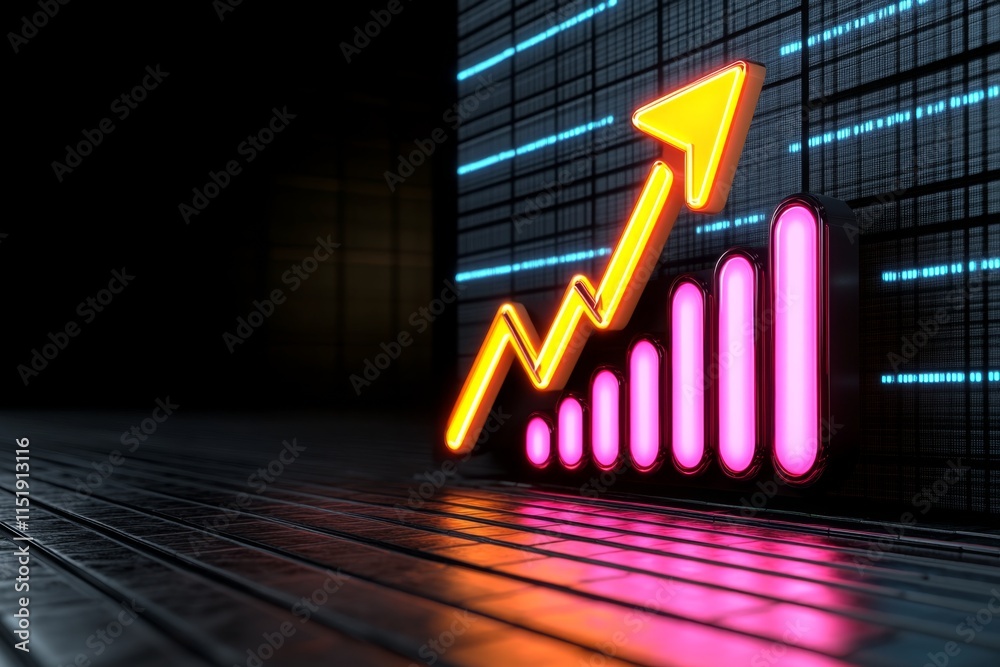 Poster A pixel art graph with vibrant, blocky bars and an upward arrow, displayed on a retro computer screen with pixelated text