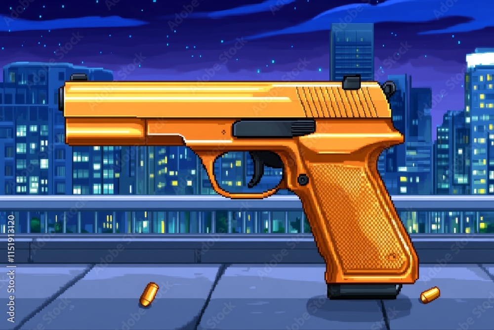 Aufkleber a pixel art depiction of a retro handgun with glowing highlights, set against a simple 8-bit backgro