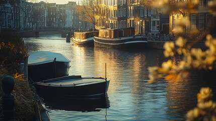 Calm Canal Boats Docked Near Old Amsterdam Buildings