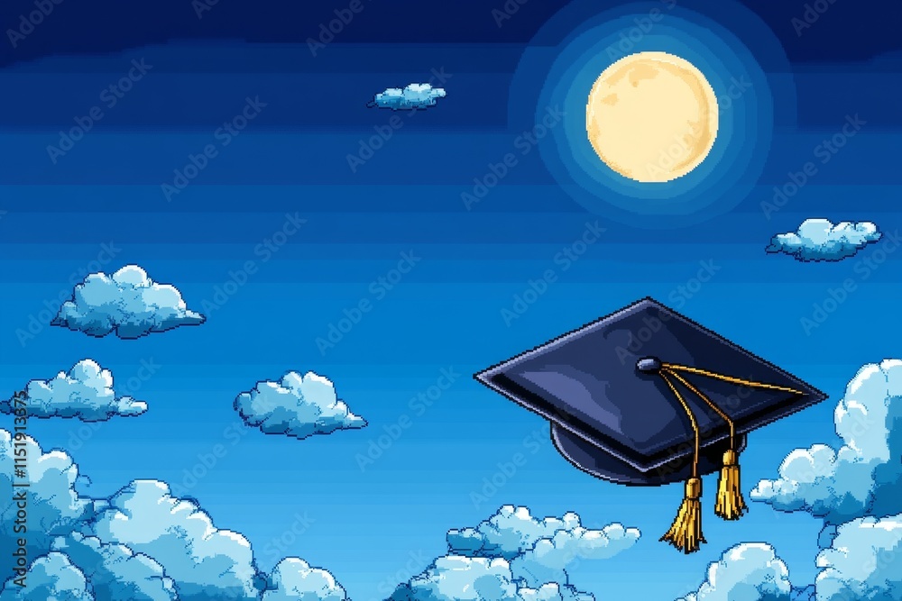 Poster a pixel art representation of a graduation cap with a golden tassel, animated to sway gently, set ag