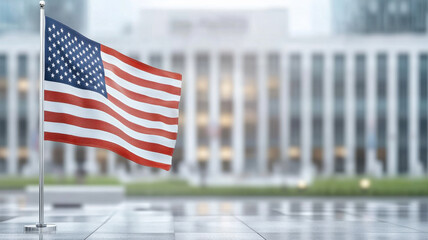 vivid American flag gently waving in modern urban setting
