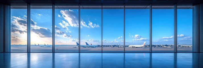 Modern airport interior with panoramic windows showcasing aircraft and clear skies