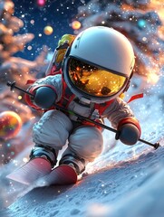 Skiing Astronaut Adventures in Snowy Mountain Landscape with Colorful Reflections