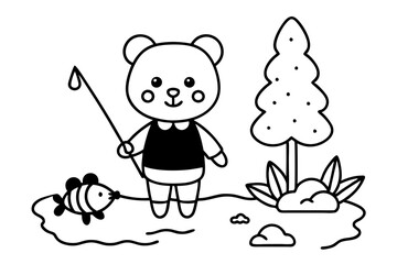 A happy bear cub wearing a tiny scarf and holding a fishing rod line art illustration