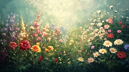 Obraz premium A Vibrant Watercolor Painting of a Summer Garden Filled with Blooming Flowers