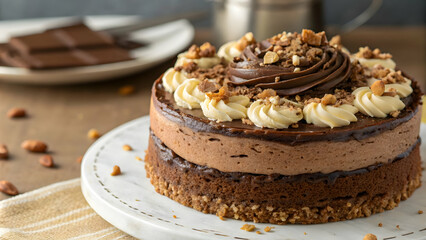 Layered Chocolate Cake with Frosting and Nuts