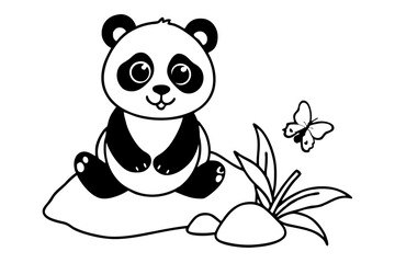 A baby panda sitting on a rock line art illustration