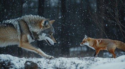 Obraz premium Wolf and Fox Encountering in Snowy Winter Woods