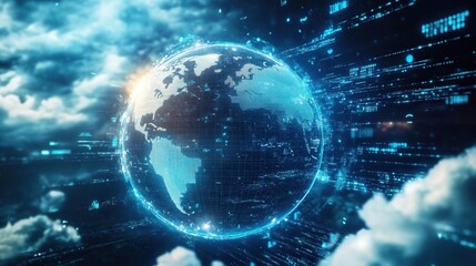 Obraz premium Sustainable Globalization Concept, 3D globe encircled by digital clouds of financial data and eco-friendly trade routes, emphasizing eco-conscious trade.