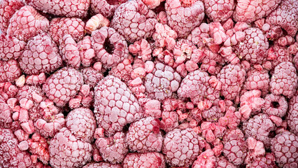 Defrosting Frozen Rasperries Background, Ice Melting, Fruits. Healthy Berry Food Organic Nutrition