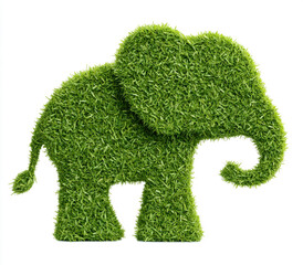 Unique Green Grass Elephant Sculpture on White Background