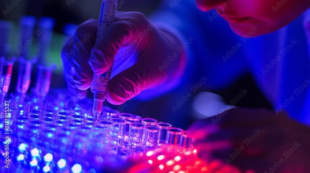 Poster in a laboratory, a scientist in gloves carefully fills test tubes with a syringe, utilizing artifici