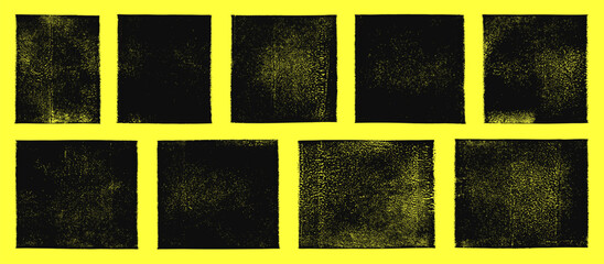 Grungy linocut, relief printing textures collection. Rough textured squares, rectangles of various width. Paint roller stains, lino ink grunge text box templates. Artistic textured backgrounds set